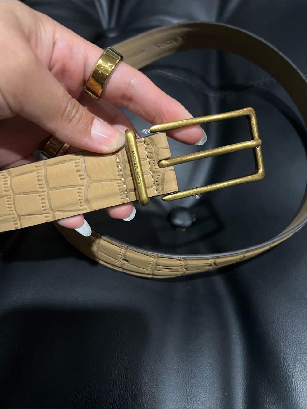 Michael Kors Croc-Embossed Tan Leather Belt with Brushed Gold Buckle